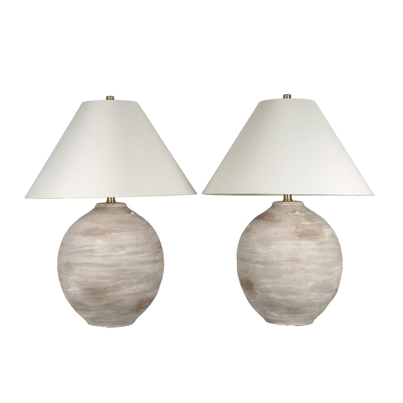 Classy Living Rustic Sphere 28in Ceramic Table Lamp Set of 2 | Rustic Natural Bisque Ceramic with Off White Linen Coolie Shade | Model ECL3582