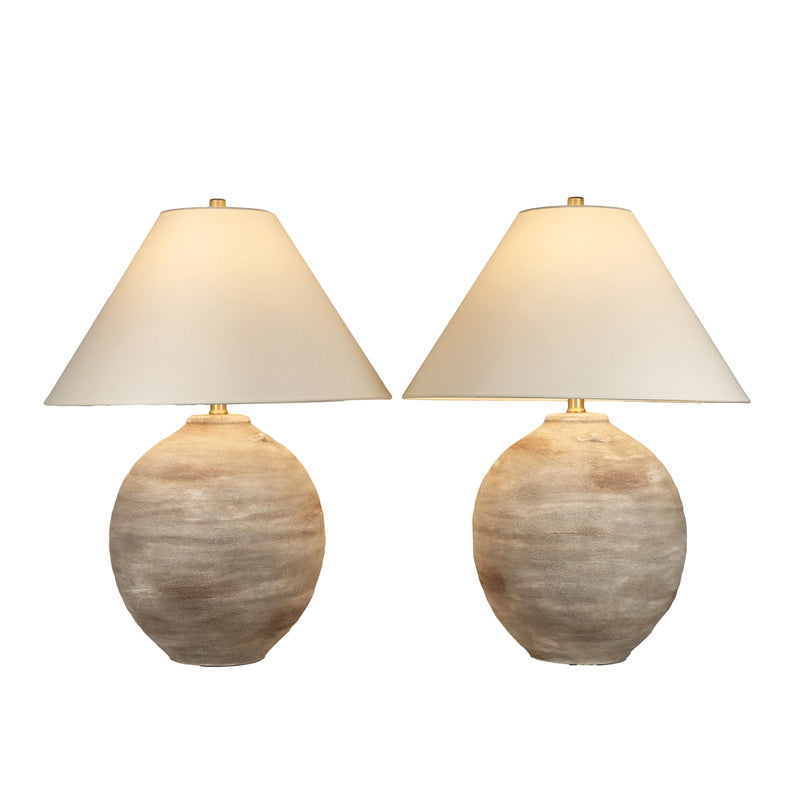 Classy Living Rustic Sphere 28in Ceramic Table Lamp Set of 2 | Rustic Natural Bisque Ceramic with Off White Linen Coolie Shade | Model ECL3582