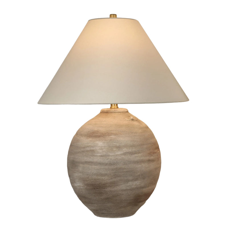 Classy Living Rustic Sphere 28in Ceramic Table Lamp Set of 2 | Rustic Natural Bisque Ceramic with Off White Linen Coolie Shade | Model ECL3582