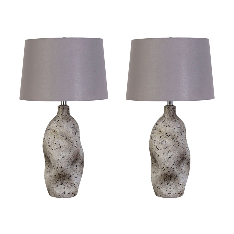 Classy Living Stonehaven 27in Ceramic Table Lamp Set of 2 | Modern Natural Grey Stone and Grey Linen | Bedroom & Reading Nook | Model KTL3384