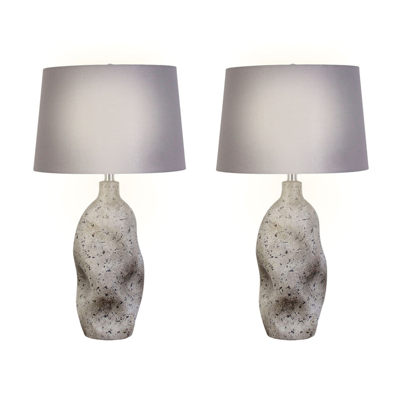 Classy Living Stonehaven 27in Ceramic Table Lamp Set of 2 | Modern Natural Grey Stone and Grey Linen | Bedroom & Reading Nook | Model KTL3384