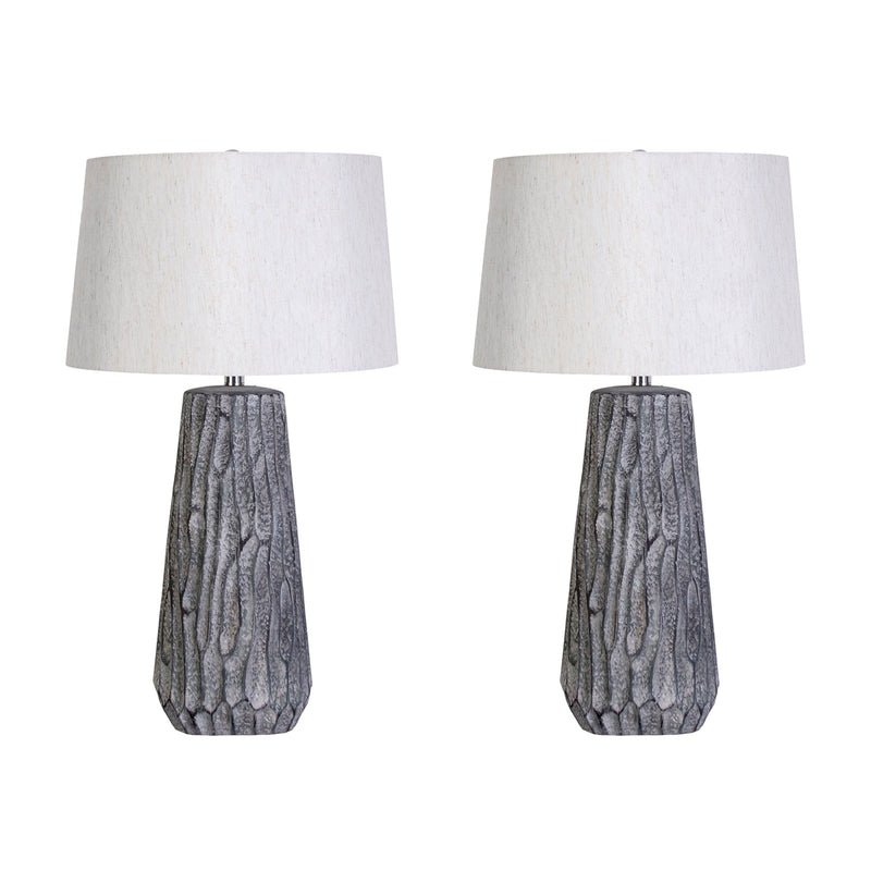 Classy Living Textured Elegance 17in Ceramic Table Lamp Set of 2 | Modern Grey Ceramic and Natural Linen | Bedroom Nightstand | Model KTL3388