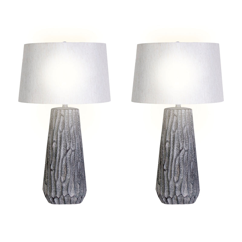Classy Living Textured Elegance 17in Ceramic Table Lamp Set of 2 | Modern Grey Ceramic and Natural Linen | Bedroom Nightstand | Model KTL3388