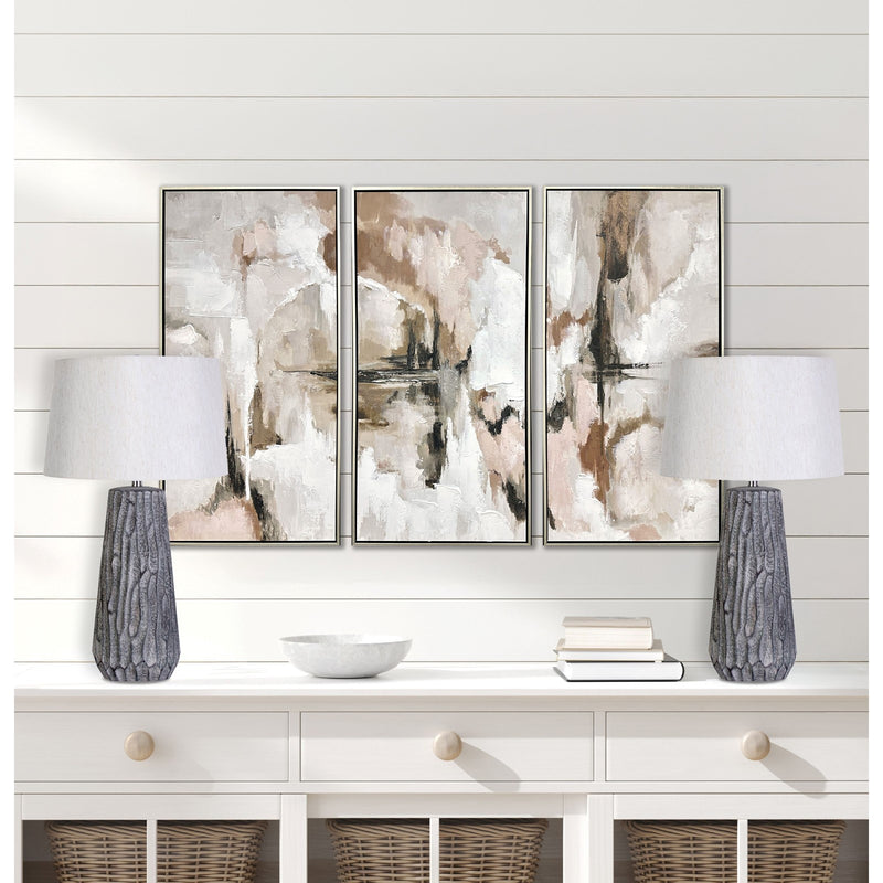 Classy Living Textured Elegance 17in Ceramic Table Lamp Set of 2 | Modern Grey Ceramic and Natural Linen | Bedroom Nightstand | Model KTL3388
