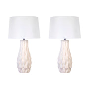 Classy Living Sculpted Elegance 17in Ceramic Table Lamp Set of 2 | Contemporary White Sand Ceramic and White Linen | Bedroom | Model KTL3390
