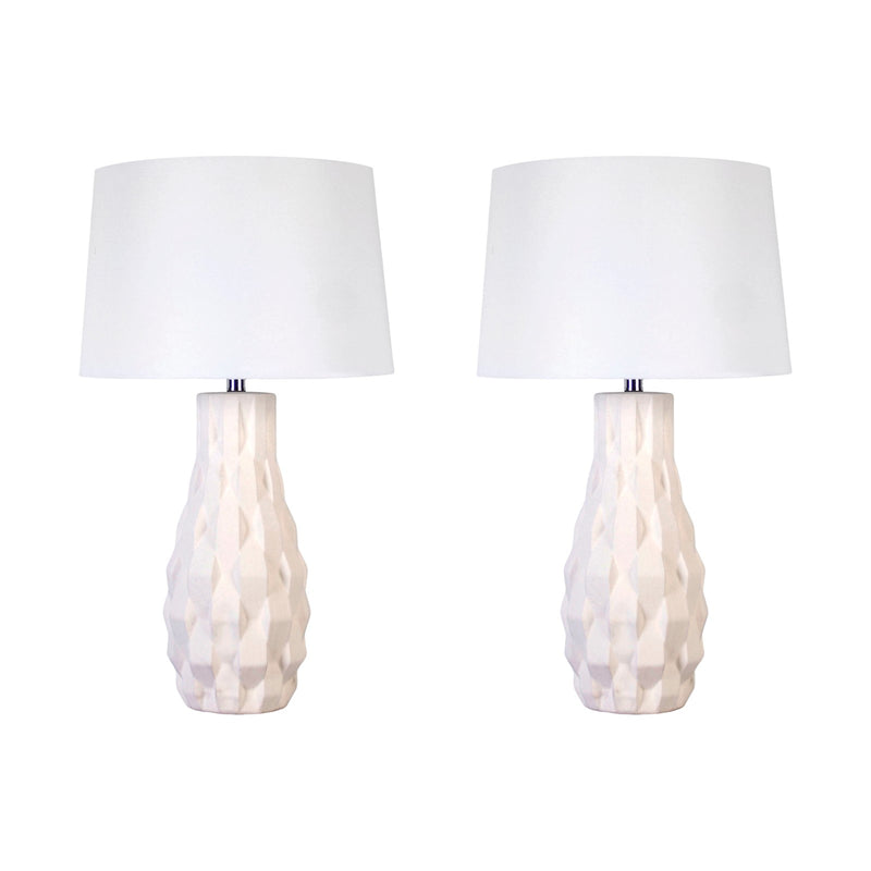 Classy Living Sculpted Elegance 17in Ceramic Table Lamp Set of 2 | Contemporary White Sand Ceramic and White Linen | Bedroom | Model KTL3390