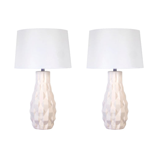 Classy Living Sculpted Elegance 17in Ceramic Table Lamp Set of 2 | Contemporary White Sand Ceramic and White Linen | Bedroom | Model KTL3390