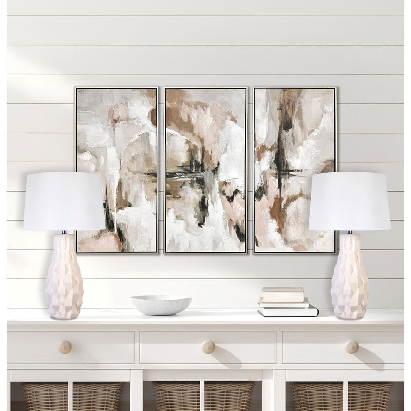 Classy Living Sculpted Elegance 17in Ceramic Table Lamp Set of 2 | Contemporary White Sand Ceramic and White Linen | Bedroom | Model KTL3390