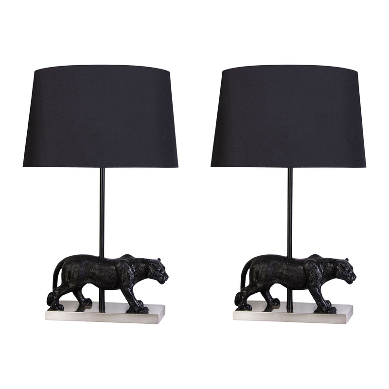 Classy Living Panther Noir 16in Polyresin Table Lamp Set of 2 | Modern Black Resin and Black Silk-Like Shade | Living Room Console | Model KTL3392