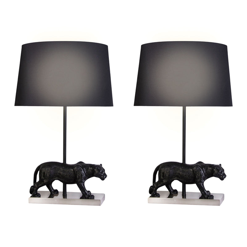 Classy Living Panther Noir 16in Polyresin Table Lamp Set of 2 | Modern Black Resin and Black Silk-Like Shade | Living Room Console | Model KTL3392