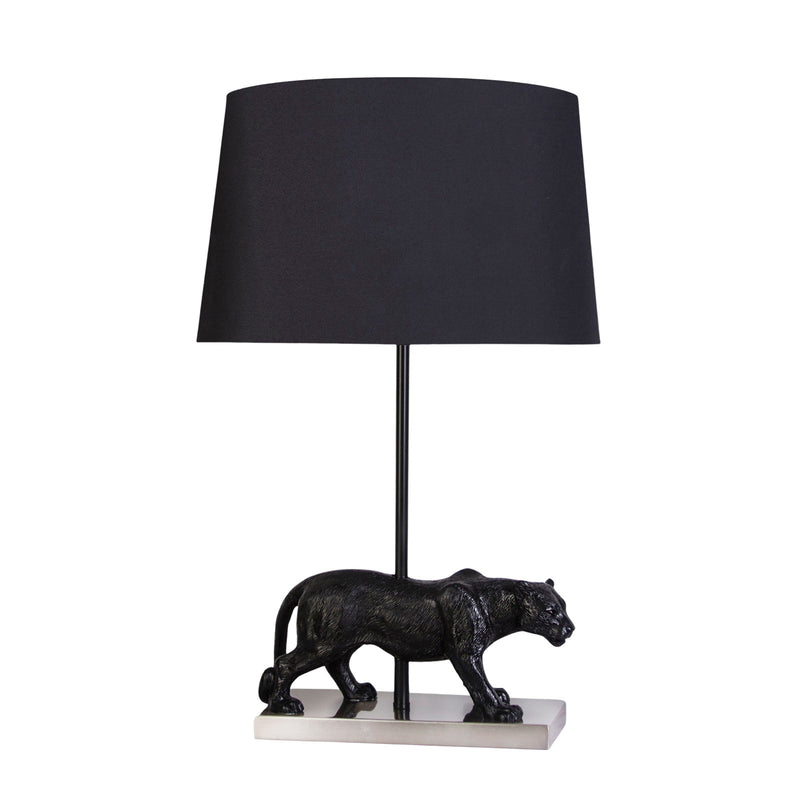 Classy Living Panther Noir 16in Polyresin Table Lamp Set of 2 | Modern Black Resin and Black Silk-Like Shade | Living Room Console | Model KTL3392