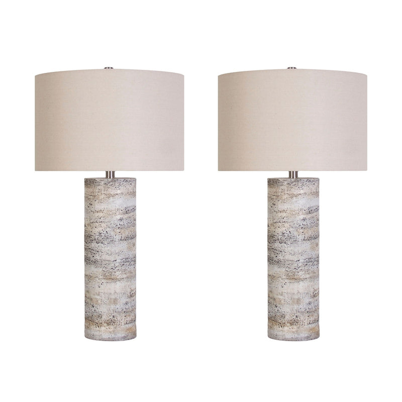 Classy Living Stonehaven Glow 16in Polyresin Table Lamp Set of 2 | Modern Natural Stone Resin and Oatmeal Linen | Living Room | Model KTL3394