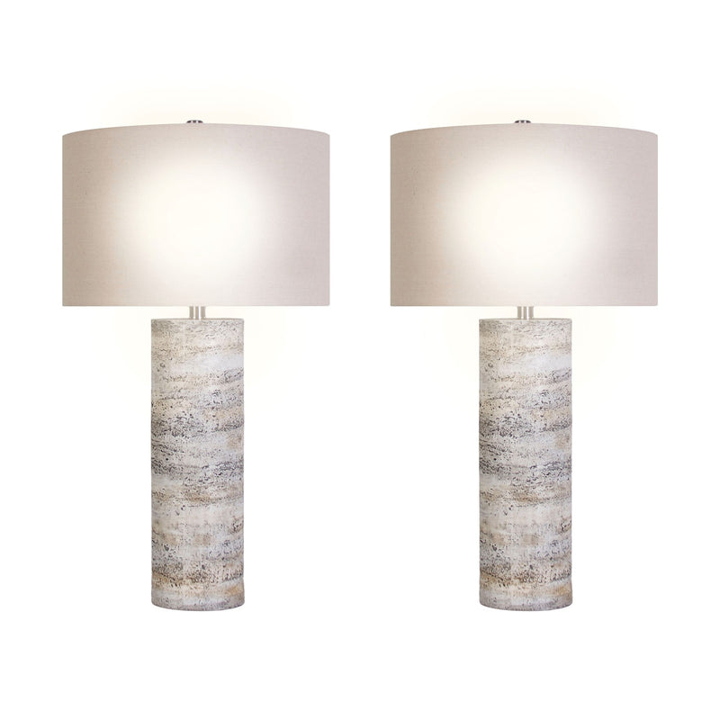 Classy Living Stonehaven Glow 16in Polyresin Table Lamp Set of 2 | Modern Natural Stone Resin and Oatmeal Linen | Living Room | Model KTL3394