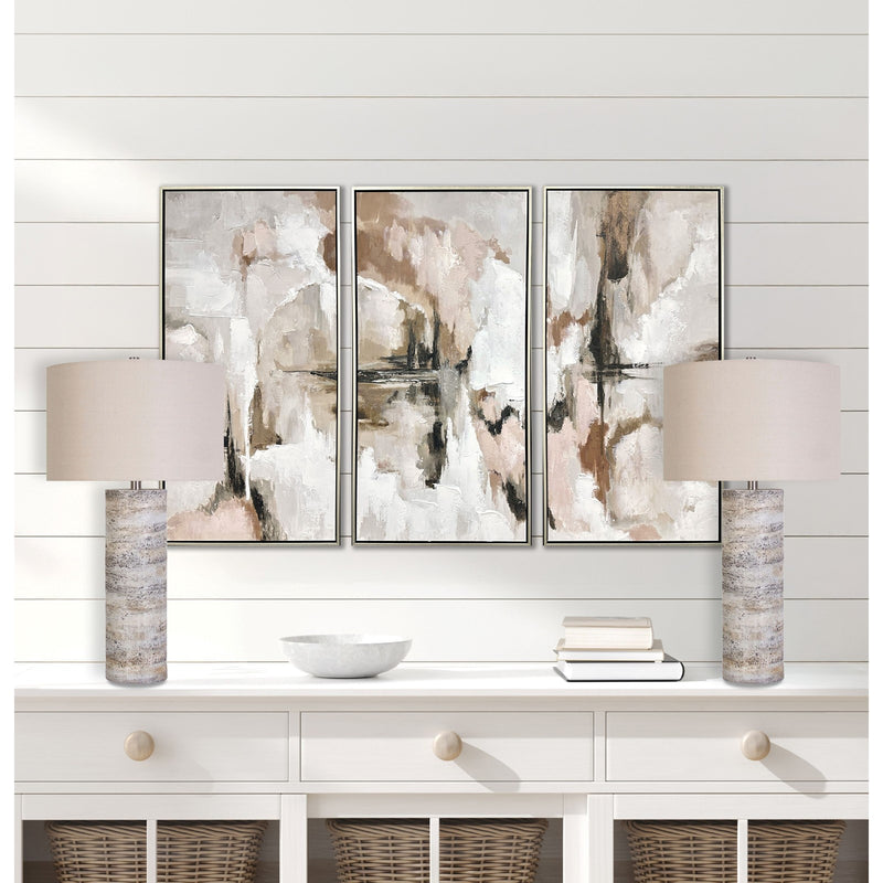 Classy Living Stonehaven Glow 16in Polyresin Table Lamp Set of 2 | Modern Natural Stone Resin and Oatmeal Linen | Living Room | Model KTL3394
