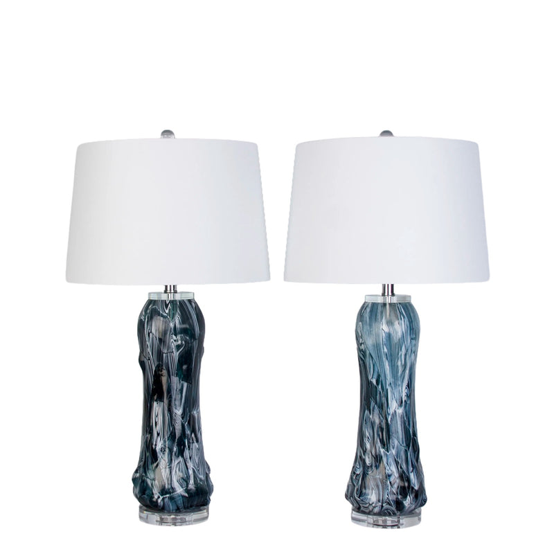 Classy Living Tidal Elegance 30in Art Glass Table Lamp Set of 2 | Modern Deep Sea Swirl and Clear Crystal with White Linen Shade | Model KTL3584
