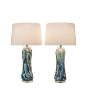 Classy Living Tidal Elegance 30in Art Glass Table Lamp Set of 2 | Modern Deep Sea Swirl and Clear Crystal with White Linen Shade | Model KTL3584