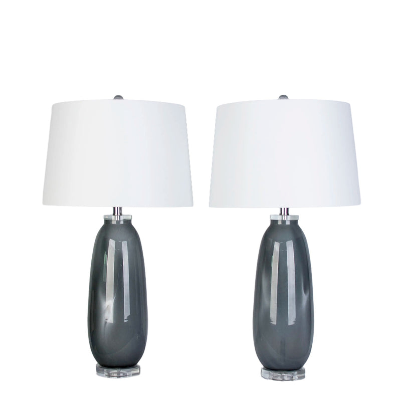 Classy Living Crystal Breeze 16in Table Lamp Set of 2 | Modern Grey Cloud Glass and White Linen | Bedroom & Living Room | Model KTL3586