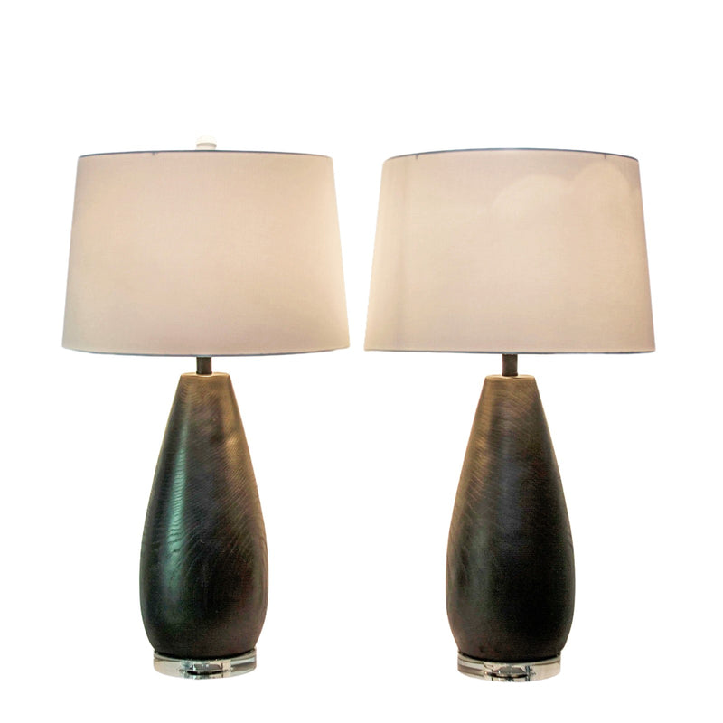 Classy Living Obsidian Drift 16in Table Lamp Set of 2 | Modern Black Grain Concrete and White Linen | Bedroom & Living Room | Model KTL3588