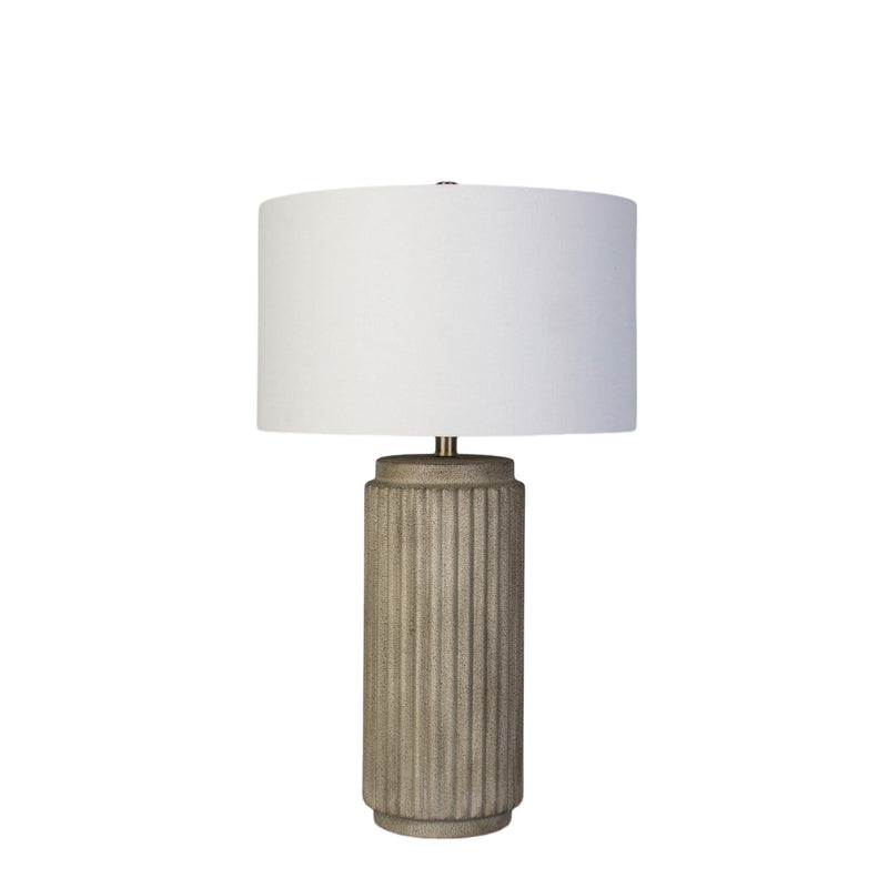 Classy Living Ribbed Essence 28in 1-Light Table Lamp Set | Modern Ribbed Stonewash Ceramic and Off White Linen | Bedroom & Living | Model KTL3592