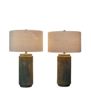 Classy Living Ribbed Essence 28in 1-Light Table Lamp Set | Modern Ribbed Stonewash Ceramic and Off White Linen | Bedroom & Living | Model KTL3592
