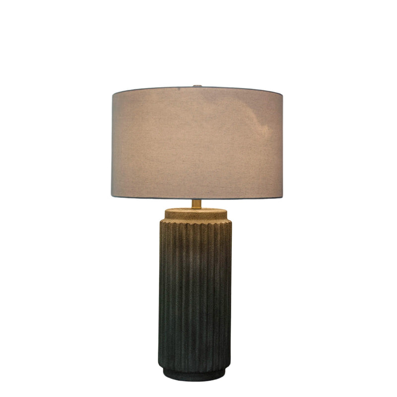 Classy Living Ribbed Essence 28in 1-Light Table Lamp Set | Modern Ribbed Stonewash Ceramic and Off White Linen | Bedroom & Living | Model KTL3592
