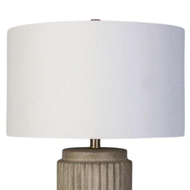 Classy Living Ribbed Essence 28in 1-Light Table Lamp Set | Modern Ribbed Stonewash Ceramic and Off White Linen | Bedroom & Living | Model KTL3592