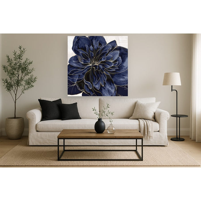 Classy Living Blue Flower Frameless Glass Wall Art 50"x50", Navy