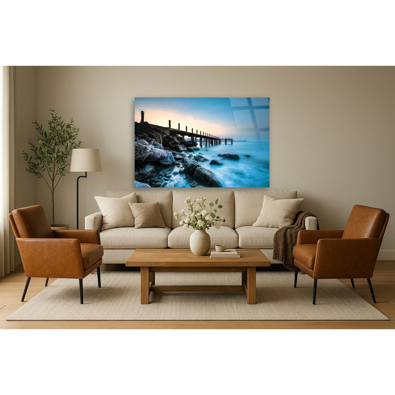 Classy Living Foggy Pier Serenityless Glass Wall Art 60"x40", Blue