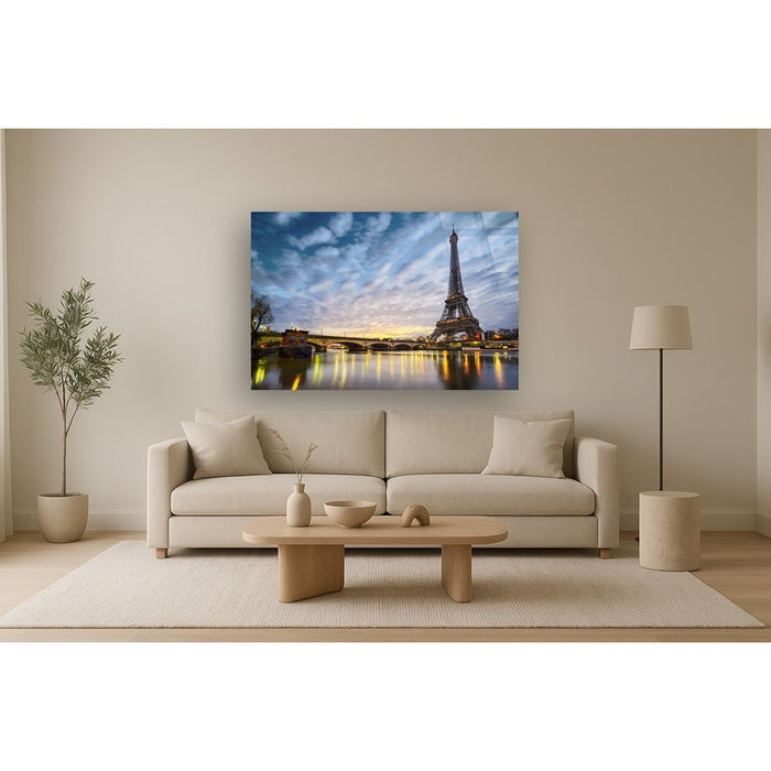 Classy Living Night in Paris Frameless Glass Wall Art 60"x40", Blue
