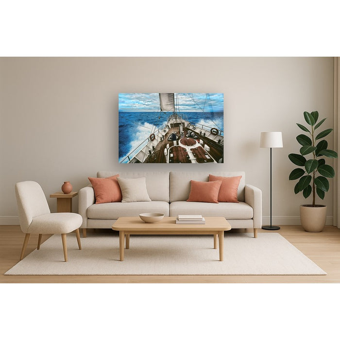 Classy Living Sailboat Waters Frameless Glass Wall Art 60"x40", Blue