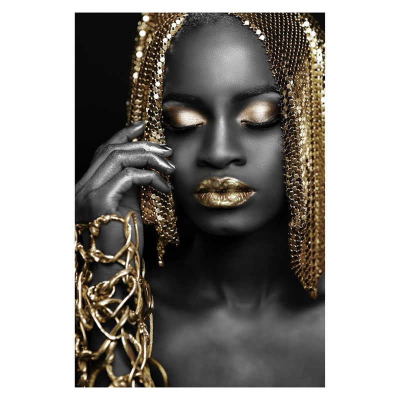 Classy Living Woman Gold Hair Frameless Glass Wall Art 40"x60", Black