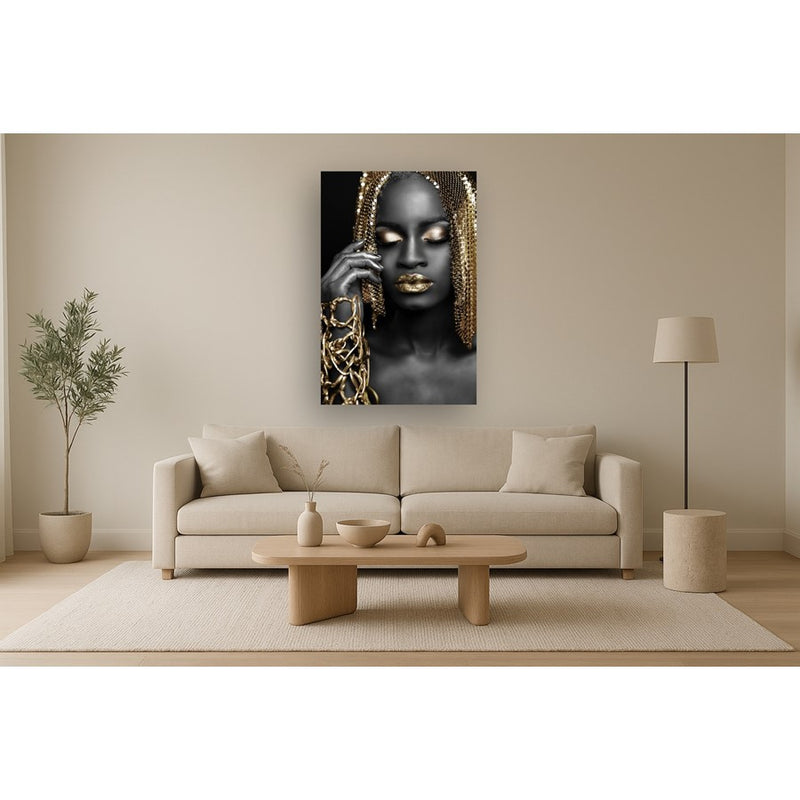 Classy Living Woman Gold Hair Frameless Glass Wall Art 40"x60", Black