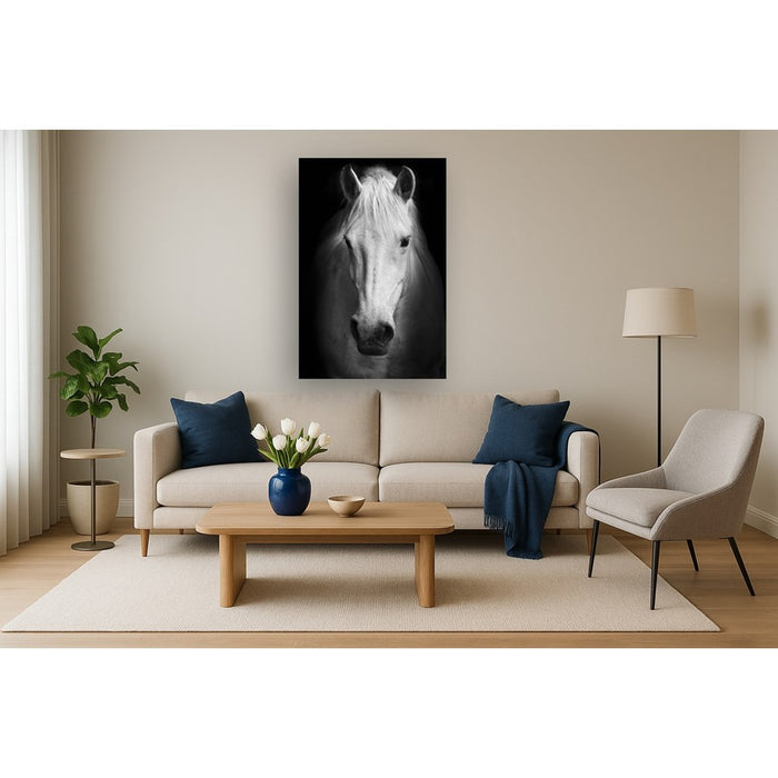 Classy Living White Horse Frameless Glass Wall Art 40"x60", Black