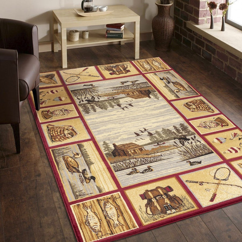 Conrad Home Cabin Life 2' x 3' Lodge Area Rug, Red Nature/Fishing
