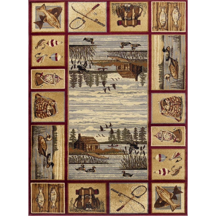 Conrad Home Cabin Life 7'10''x10'3'' Lodge Rug, Red Nature/Fishing - CBL30038-10