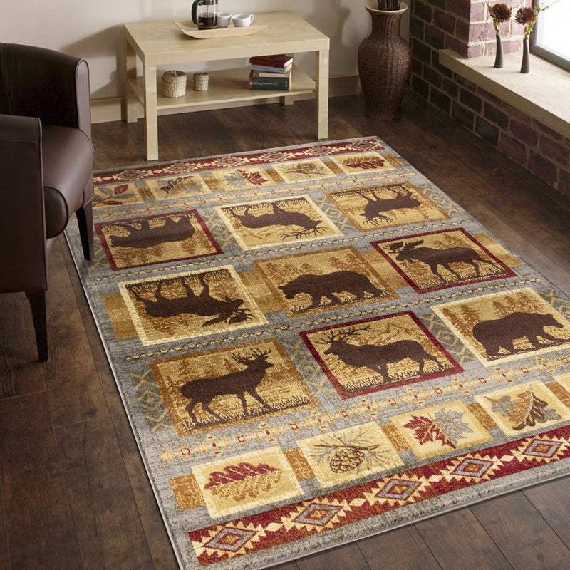 Conrad Home Cabin Life 7'10x10'3 Lodge Rug, Blue Leaves/Animals