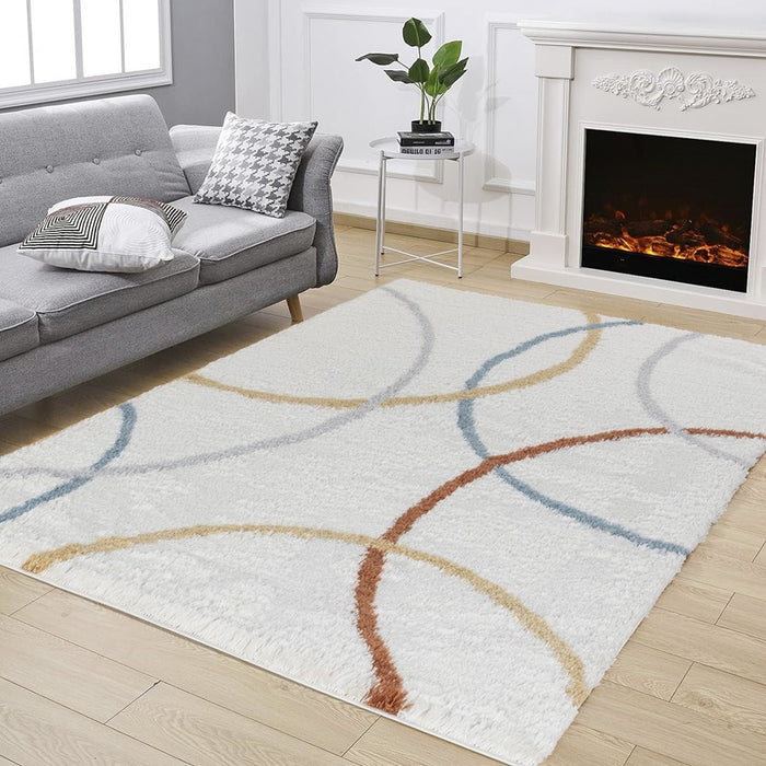 Conrad Home Cozy Shag 5'3' x 7' Shag Area Rug, Ivory Modern/Circles