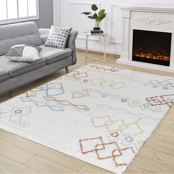 Conrad Home Cozy Shag 7'10" x 9'10" Area Rug, Ivory Geo/Diamonds
