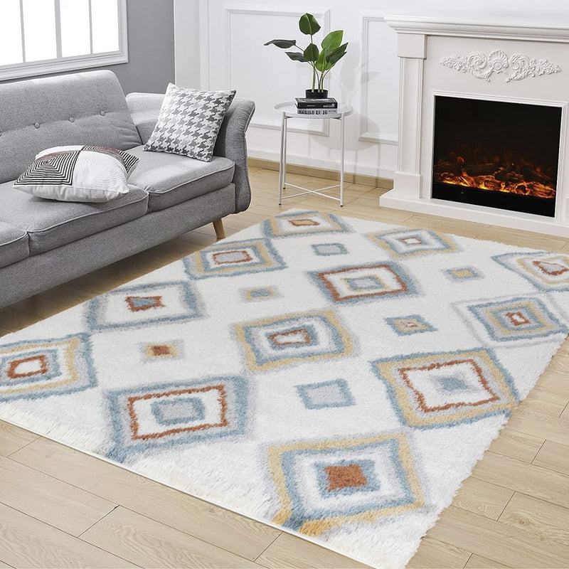 Conrad Home Cozy Shag 7'10" x 9'10" Shag Rug, Ivory Geo/Diamonds