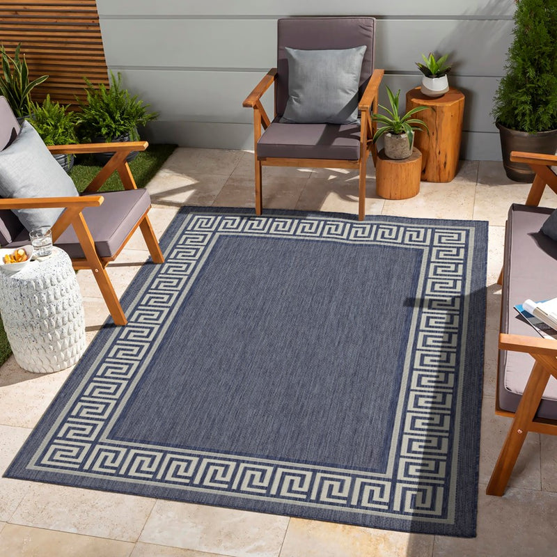 Conrad Home Harmony 2'7''x7'3'' Runner, Blue/White Border/Greek Key