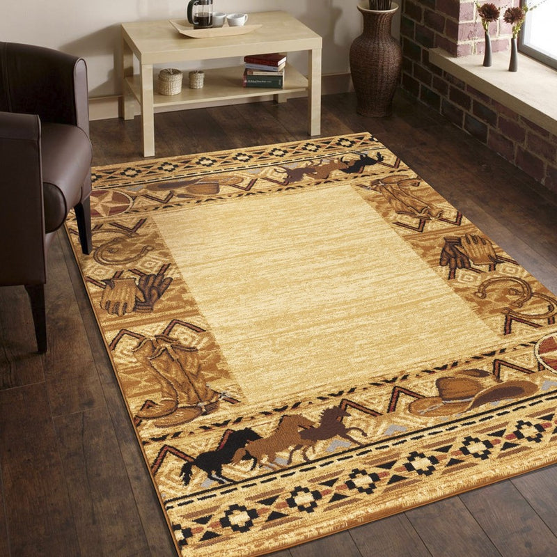Conrad Home Yellowstone 2' x 3' Western Rug, Beige Cowboys/Horses