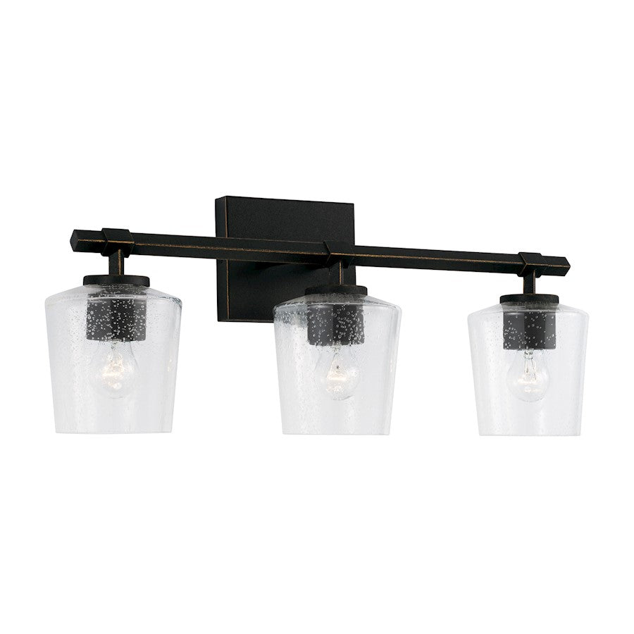 Capital Lighting Ogden 3 Light Vanity, Black Iron/Clear Seeded