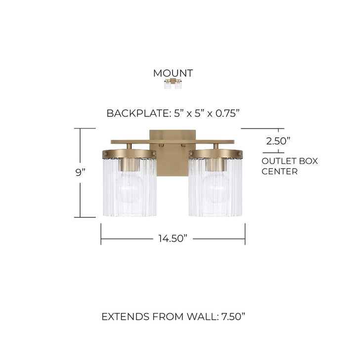 Capital Lighting Vaughn 2 Light Vanity, Aged Brass/Beveled Fluted