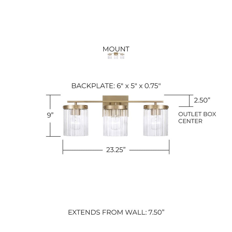 Capital Lighting Vaughn 3 Light Vanity, Aged Brass/Beveled Fluted