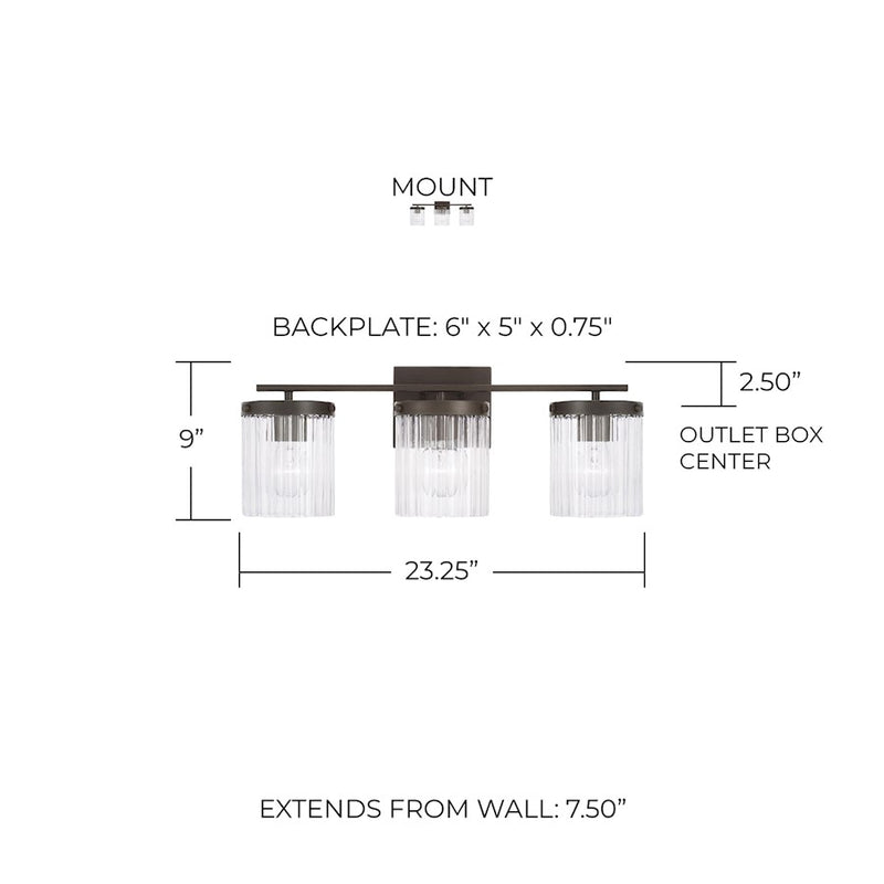 Capital Lighting Vaughn 3Lt Vanity, Rubbed Bronze/Beveled Fluted