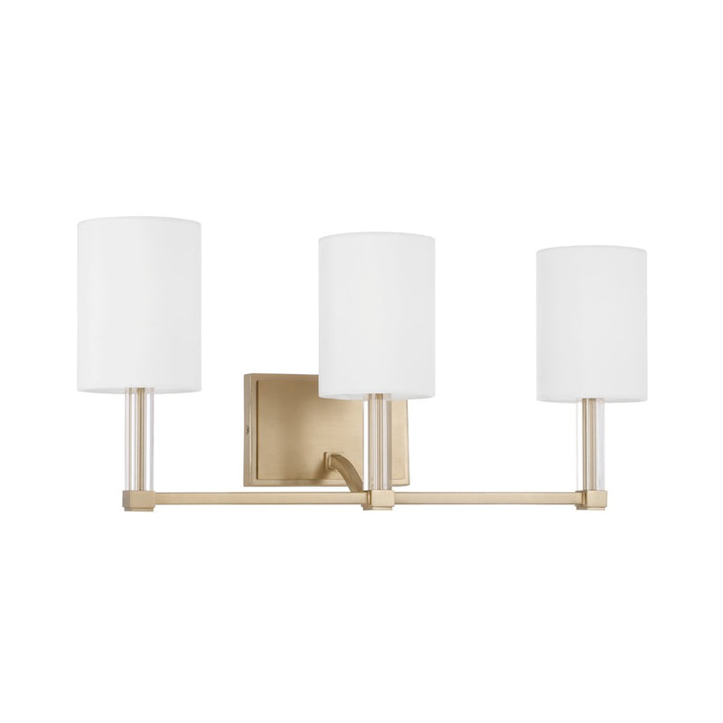Capital Lighting Ingrid 3 Light Vanity, Brass/White Fabric Shade