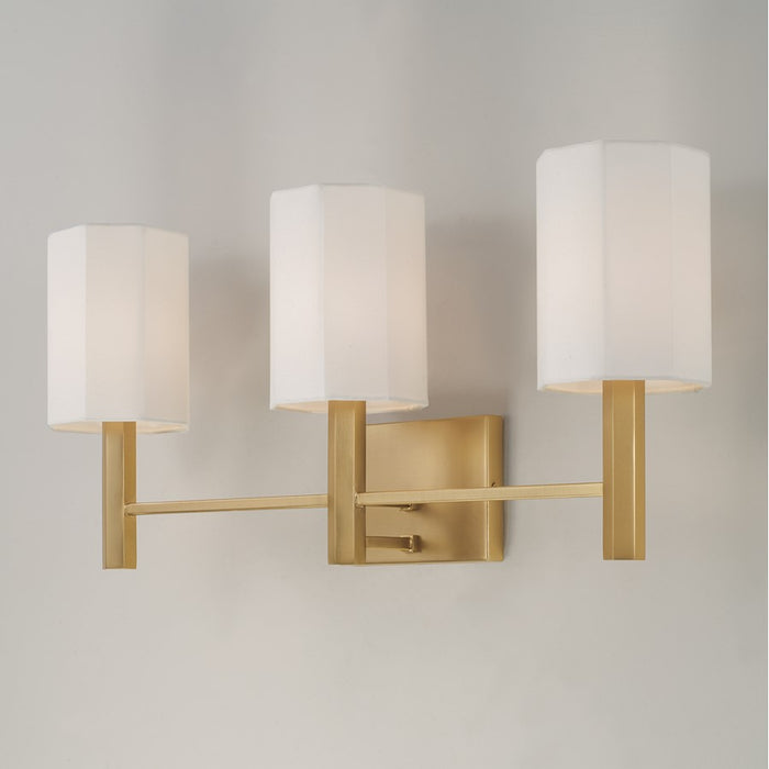 Capital Lighting Adrian 3 Light Vanity, Aged Brass/White Fabric