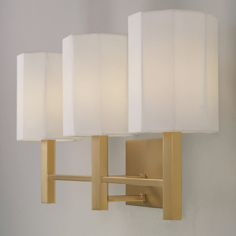 Capital Lighting Adrian 3 Light Vanity, Aged Brass/White Fabric
