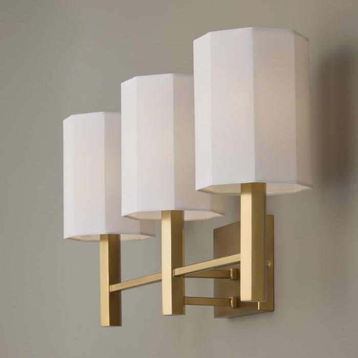 Capital Lighting Adrian 3 Light Vanity, Aged Brass/White Fabric