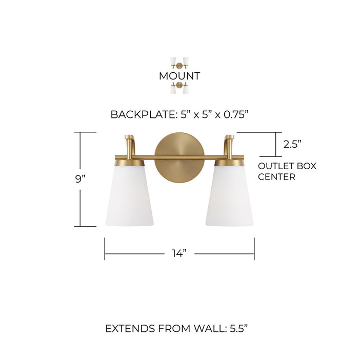Homeplace Lighting Drake 2Lt Vanity, Aged Brass/Soft White Glass